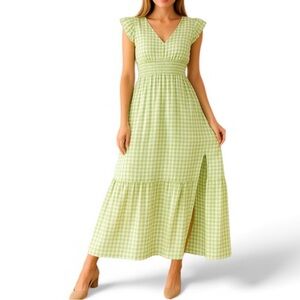 Taylor Gingham Midi Dress Pockets Ruffle Sleeve Green Size 8